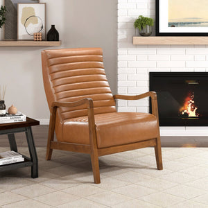 English Elm 1pc Brown Faux Leather Accent Chair with Walnut Solid Rubberwood Frame, Modern Living Room Seating Comfort B011P172678
