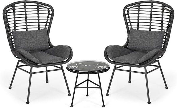 English Elm Christopher Knight Home® - Great Great Deal Furniture Alberta 2-Seater Outdoor Wicker Chat Set with Tempered Glass Side Table, Gray Cozy Boho Style 65489.00GRY-2_65038.00GRY