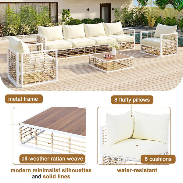 English Elm TOPMAX Modern Minimalist 7-Piece Metal Patio Sectional Sofa Set with All-Weather Rattan, Cushions and Coffee Table for Versatile Indoor Outdoor Entertaining White SP100026AAK