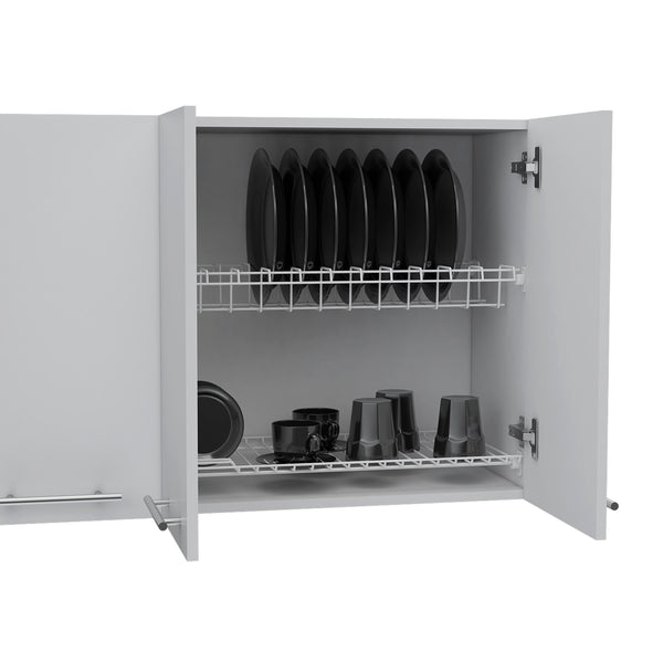 English Elm Wall 24" H Four-Door Wall-Mounted Cabinet with Two Shelves, Plate & Glass Organizer, Sleek Design White 50.39 L x 16.92 W x 7.09 H B097133118