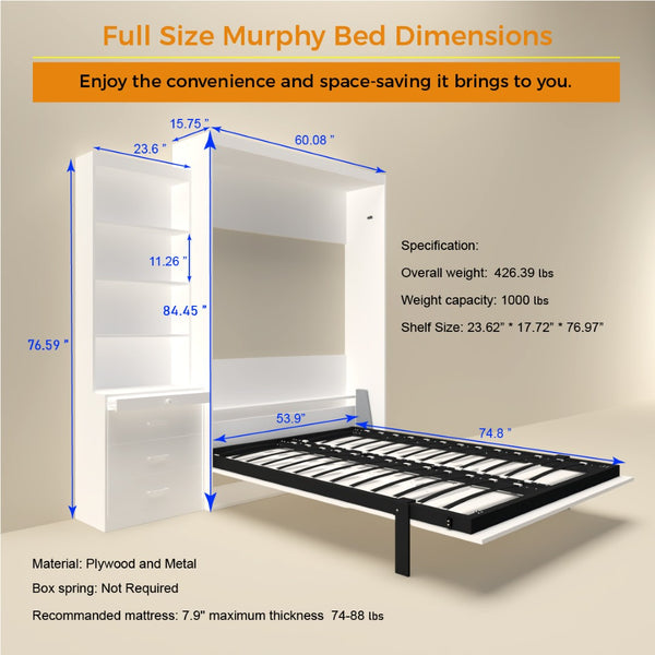 English Elm Morden Design Full Size Murphy Bed with Storage Drawers and Shelving White Cabinet Wall Bed W650S00002