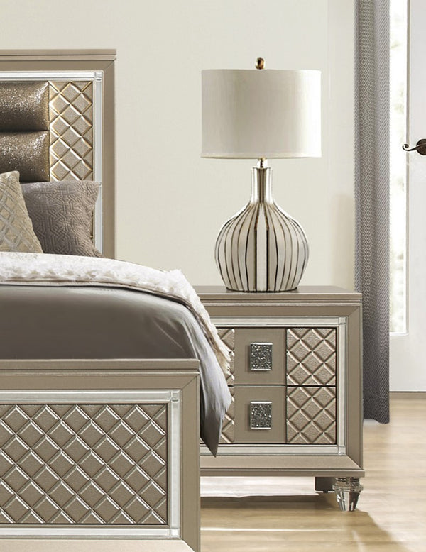 English Elm Glamorous Champagne Finish Nightstand with Mirrored Trim, Acrylic Feet & Crystal Pulls — Luxe Bedroom Accent B011P172671