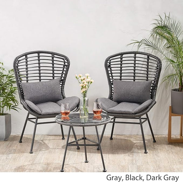 English Elm Christopher Knight Home® - Great Great Deal Furniture Alberta 2-Seater Outdoor Wicker Chat Set with Tempered Glass Side Table, Gray Cozy Boho Style 65489.00GRY-2_65038.00GRY