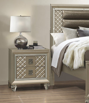 English Elm Glamorous Champagne Finish Nightstand with Mirrored Trim, Acrylic Feet & Crystal Pulls — Luxe Bedroom Accent B011P172671