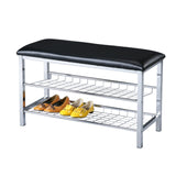 Metal Shoe Bench with Silver Finish, Faux Leather Seat, 2-Tier Rack