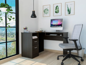 English Elm Raleigh L-Shaped Desk with Keyboard Tray, Two Drawers, Open Shelf & CPU Storage for Home Office Black 51 L x 22 W x 5 H B128P148969