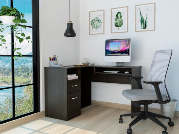 English Elm Raleigh L-Shaped Desk with Keyboard Tray, Two Drawers, Open Shelf & CPU Storage for Home Office Black 51 L x 22 W x 5 H B128P148969