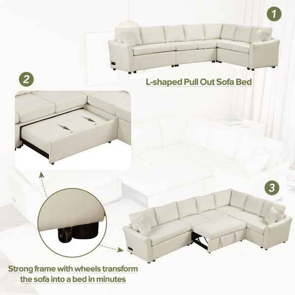 English Elm 124.8"l-shaped Chenille Sleeper Sectional with Usb Charging Corner Living Room Sofa SG001430AAA