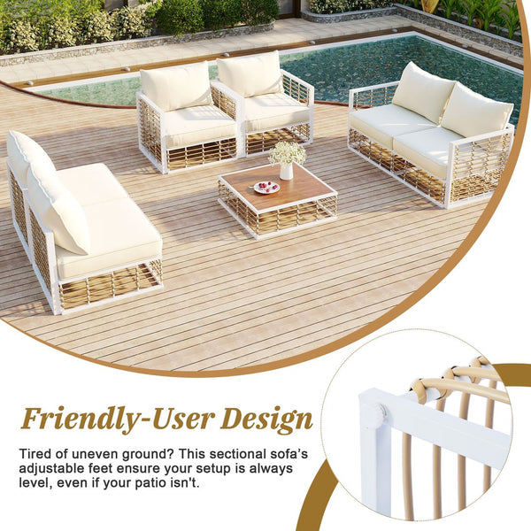 English Elm TOPMAX Modern Minimalist 7-Piece Metal Patio Sectional Sofa Set with All-Weather Rattan, Cushions and Coffee Table for Versatile Indoor Outdoor Entertaining White SP100026AAK