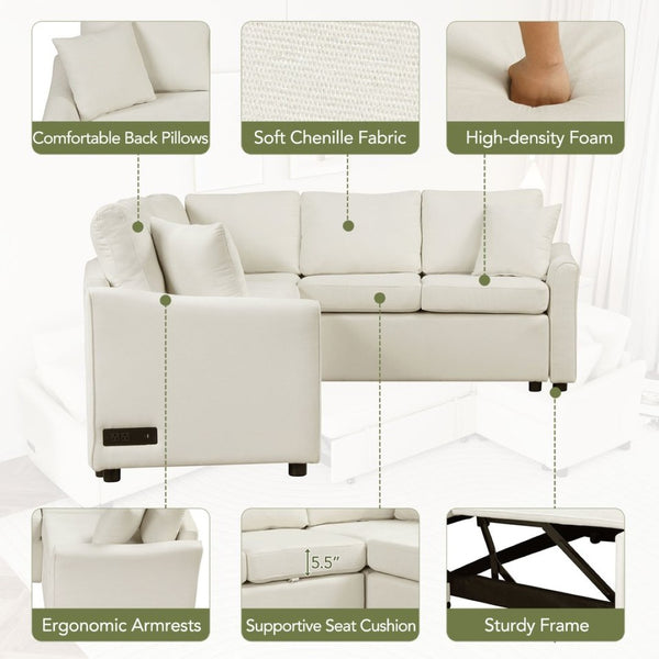 English Elm 124.8"l-shaped Chenille Sleeper Sectional with Usb Charging Corner Living Room Sofa SG001430AAA