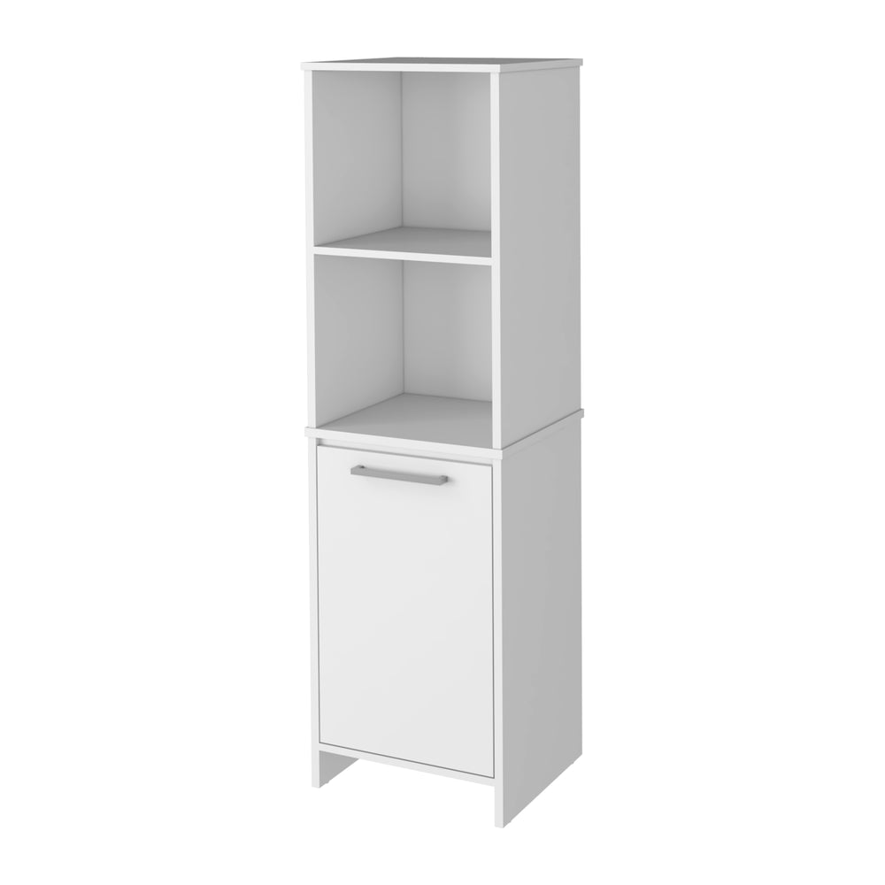 English Elm Danforth White Pantry Cabinet with Soft-Close Door, Engineered Wood, Four Shelves, Metal Hardware, Space-Saving Storage and Open Display B128P148905