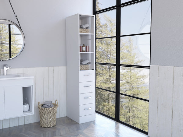 English Elm Preston Linen Cabinet in White with Glass Door, 3 Shelves & 3 Drawers, Engineered Wood Storage B128P148966
