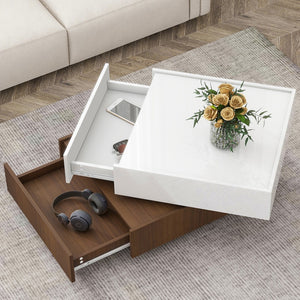 English Elm Square 360°Rotating Coffee Table With 2 Drawers, High Gloss 2-Tier Center Table With Swivel Tabletop and Storage, Walnut Table Frame Side Table For Living Room, White