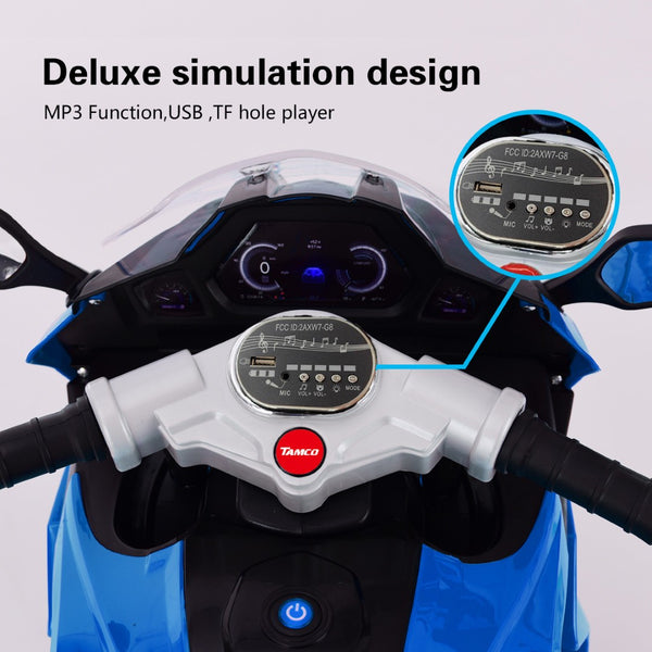 English Elm 12v Kids Ride on Motorcycle Three Wheel Electric Tricycle with Led Lights Bluetooth Blue W1760110301