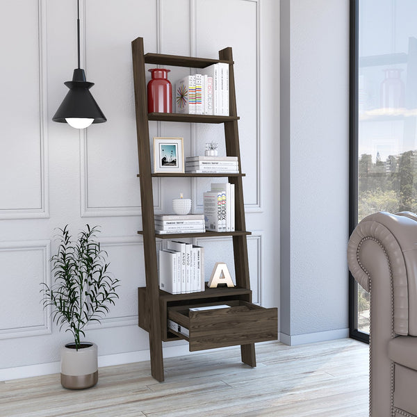 English Elm Hamburg Ladder Bookcase with Five Shelves & Drawer, Brown Engineered Wood, Sturdy Stylish Storage B128P148919