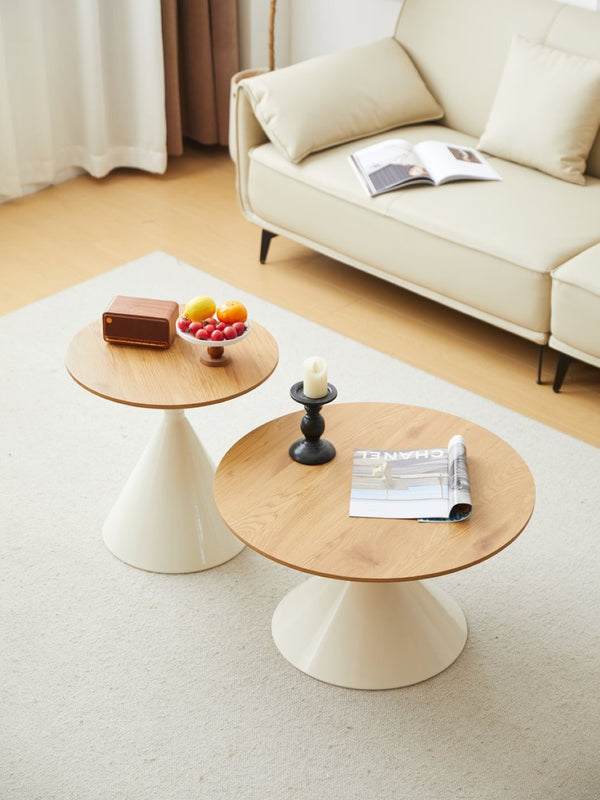 English Elm Round Modern Two-Piece Coffee Table Set – Stylish White & Wood Design With Unique Metal Base W347S00001-GIGA