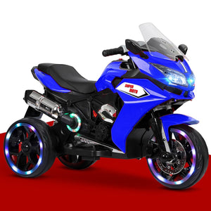English Elm 12v Kids Ride on Motorcycle Three Wheel Electric Tricycle with Led Lights Bluetooth Blue W1760110301