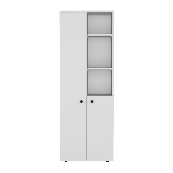 English Elm Konik 67-Inch High Storage Cabinet Pantry with Three Doors, Three Exterior Shelves, Slim Engineered Wood Organizer White 70.1 L x 16.5 W x 5.5 H B200P173166