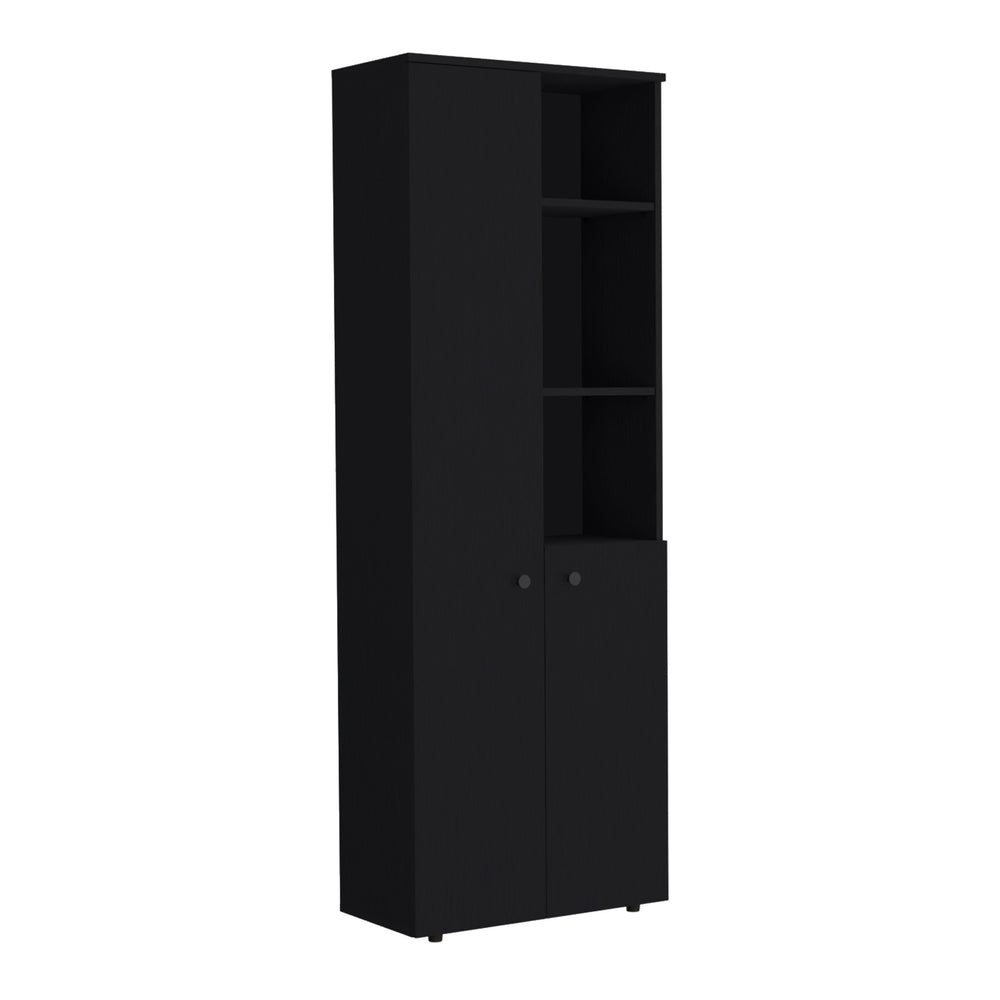 English Elm Konik 67-Inch High Storage Cabinet Pantry with Three Doors, Three Exterior Shelves, Slim Engineered Wood Organizer Black 70.1 L x 16.5 W x 5.5 H B200P173167