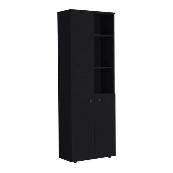 English Elm Konik 67-Inch High Storage Cabinet Pantry with Three Doors, Three Exterior Shelves, Slim Engineered Wood Organizer Black 70.1 L x 16.5 W x 5.5 H B200P173167