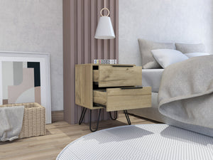 English Elm Nuvo modern nightstand with two soft-close drawers and sleek hairpin legs for stylish bedside storage Light Oak 23 L x 22 W x 7 H B128P148948