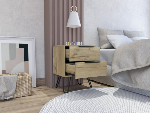 English Elm Nuvo modern nightstand with two soft-close drawers and sleek hairpin legs for stylish bedside storage Light Oak 23 L x 22 W x 7 H B128P148948