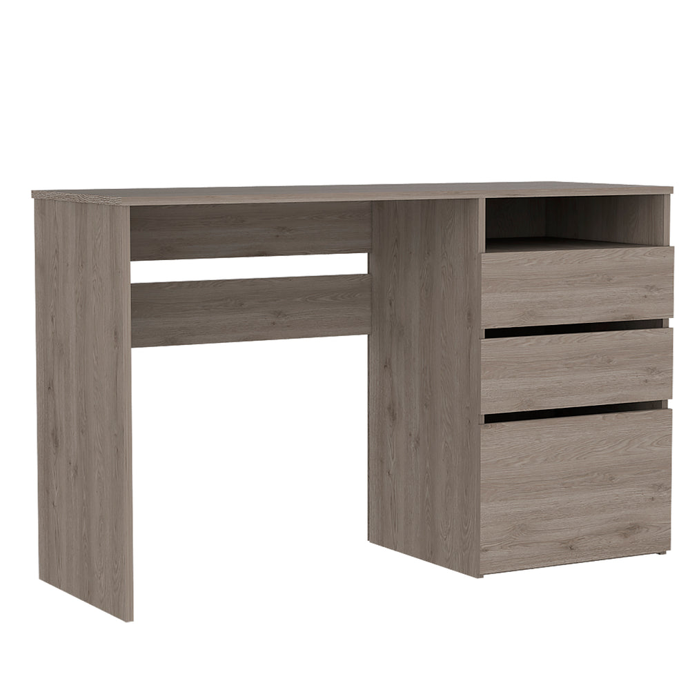 English Elm Louisiana modern writing desk with three drawers and shelf for small spaces, ergonomic storage solution Light Gray 51 L x 20 W x 5 H B128P148935