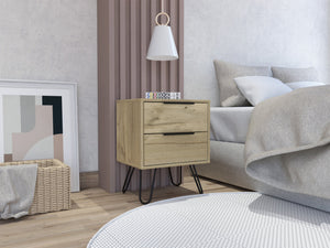 English Elm Nuvo modern nightstand with two soft-close drawers and sleek hairpin legs for stylish bedside storage Light Oak 23 L x 22 W x 7 H B128P148948