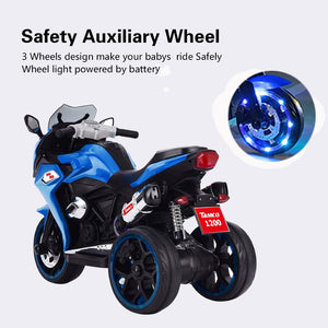 English Elm 12v Kids Ride on Motorcycle Three Wheel Electric Tricycle with Led Lights Bluetooth Blue W1760110301