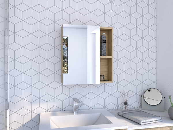 English Elm Medicine Mirrored Wall Cabinet 19" H with Five Shelves, Space-Saving Particle Board Storage Solution Beige 24.4 L x 17.32 W x 5.12 H B097132885
