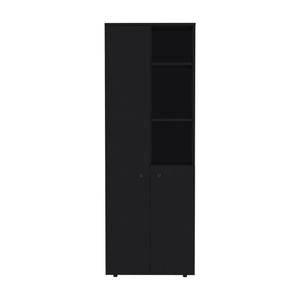English Elm Konik 67-Inch High Storage Cabinet Pantry with Three Doors, Three Exterior Shelves, Slim Engineered Wood Organizer Black 70.1 L x 16.5 W x 5.5 H B200P173167