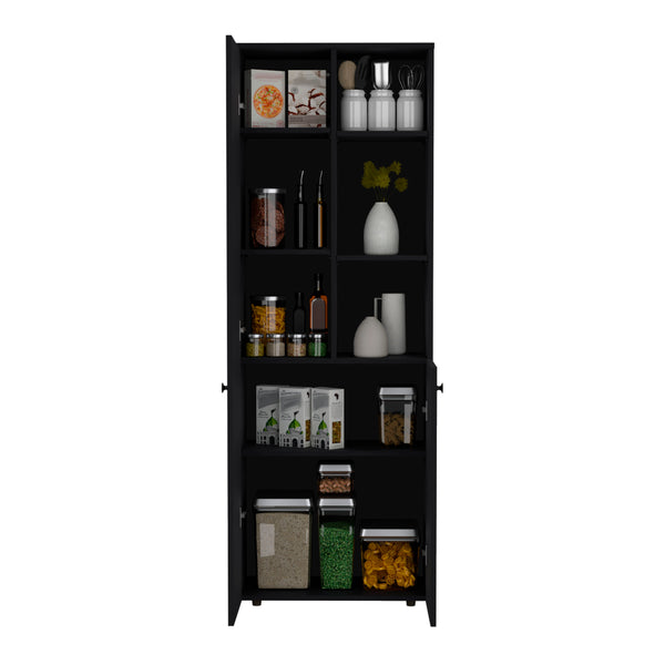 English Elm Konik 67-Inch High Storage Cabinet Pantry with Three Doors, Three Exterior Shelves, Slim Engineered Wood Organizer Black 70.1 L x 16.5 W x 5.5 H B200P173167