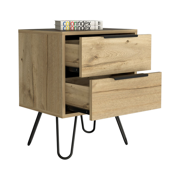 English Elm Nuvo modern nightstand with two soft-close drawers and sleek hairpin legs for stylish bedside storage Light Oak 23 L x 22 W x 7 H B128P148948