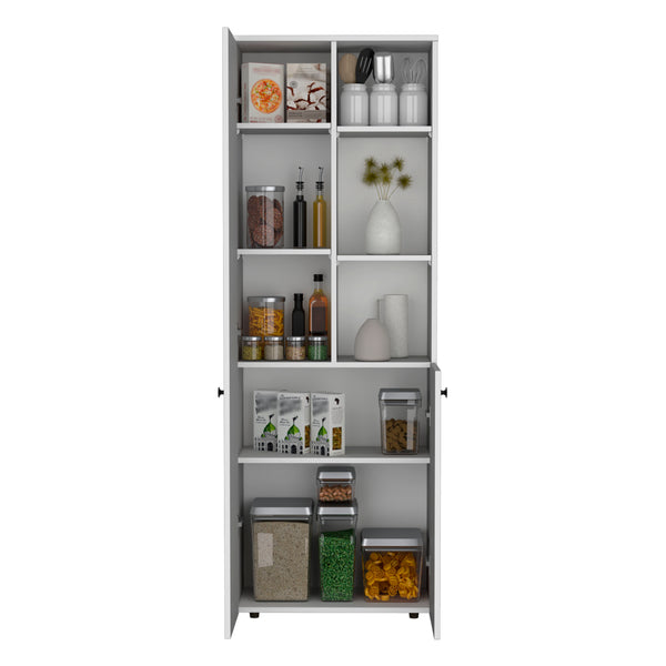 English Elm Konik 67-Inch High Storage Cabinet Pantry with Three Doors, Three Exterior Shelves, Slim Engineered Wood Organizer White 70.1 L x 16.5 W x 5.5 H B200P173166