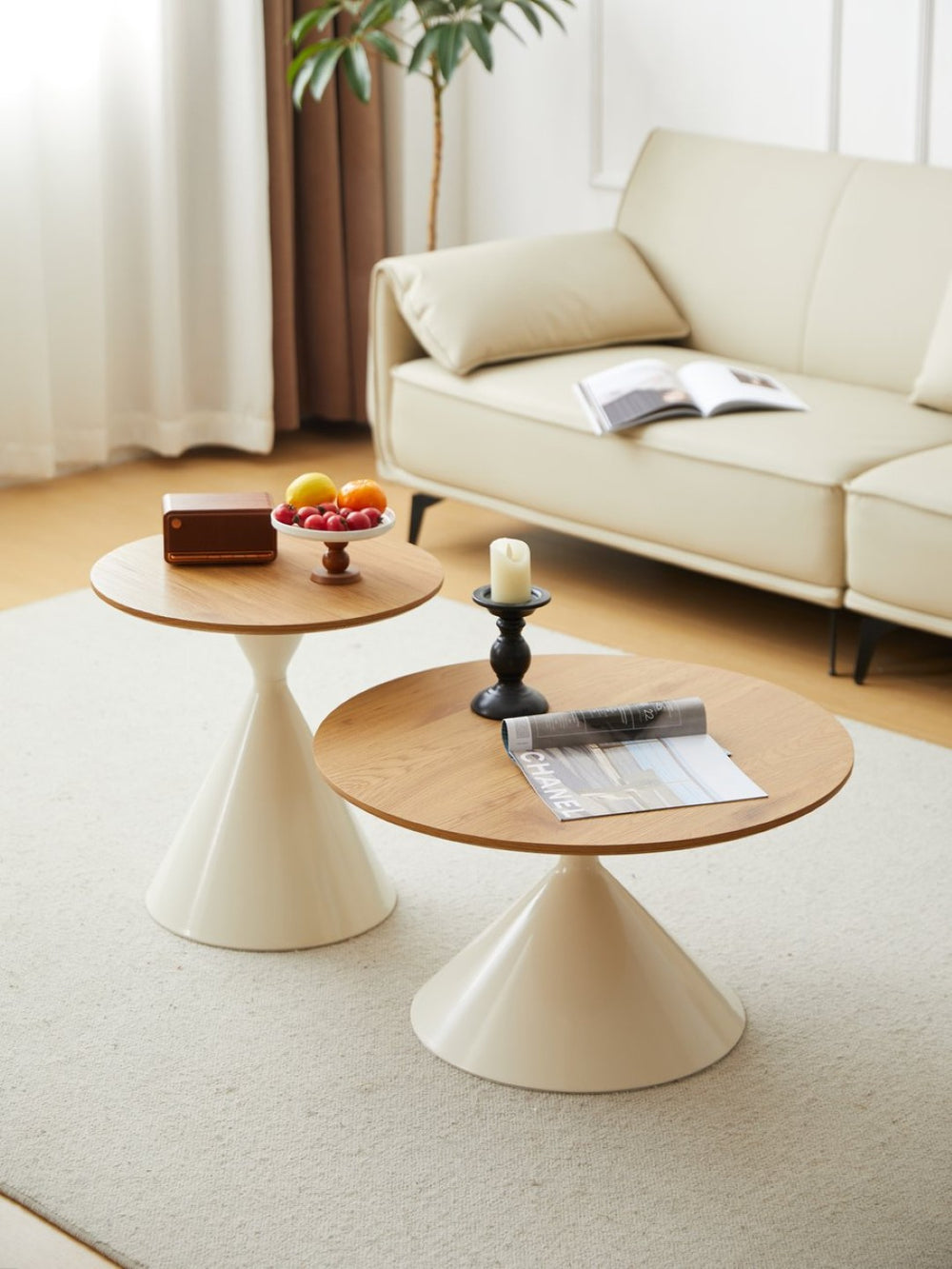 English Elm Round Modern Two-Piece Coffee Table Set – Stylish White & Wood Design With Unique Metal Base W347S00001-GIGA
