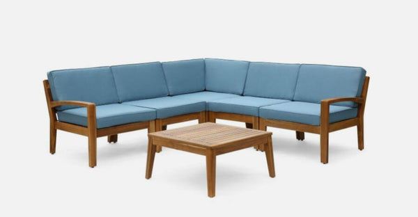 English Elm Grenada Outdoor Modular Sectional Solid Acacia Wood Slatted Patio Sofa Set Blue 63887-66388.00-63699.00BLU
