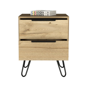 English Elm Nuvo modern nightstand with two soft-close drawers and sleek hairpin legs for stylish bedside storage Light Oak 23 L x 22 W x 7 H B128P148948