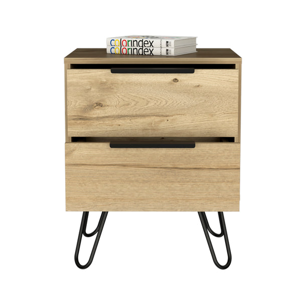 English Elm Nuvo modern nightstand with two soft-close drawers and sleek hairpin legs for stylish bedside storage Light Oak 23 L x 22 W x 7 H B128P148948