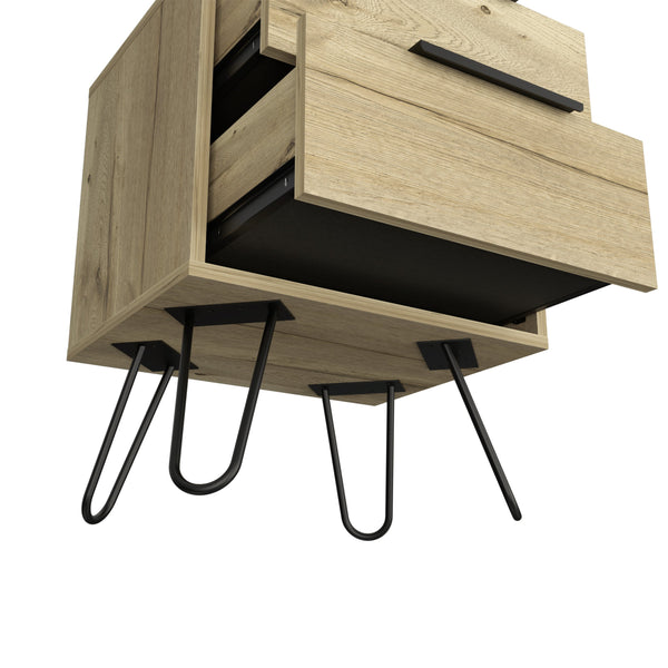 English Elm Nuvo modern nightstand with two soft-close drawers and sleek hairpin legs for stylish bedside storage Light Oak 23 L x 22 W x 7 H B128P148948
