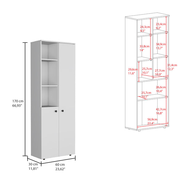 English Elm Konik 67-Inch High Storage Cabinet Pantry with Three Doors, Three Exterior Shelves, Slim Engineered Wood Organizer White 70.1 L x 16.5 W x 5.5 H B200P173166