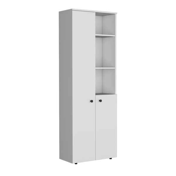 English Elm Konik 67-Inch High Storage Cabinet Pantry with Three Doors, Three Exterior Shelves, Slim Engineered Wood Organizer White 70.1 L x 16.5 W x 5.5 H B200P173166