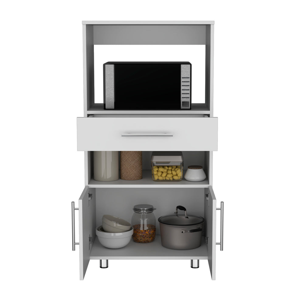 English Elm Worland White Pantry Cabinet with Microwave Stand, Drawer & Dual Doors — Compact Engineered Wood Organizer B200P173200