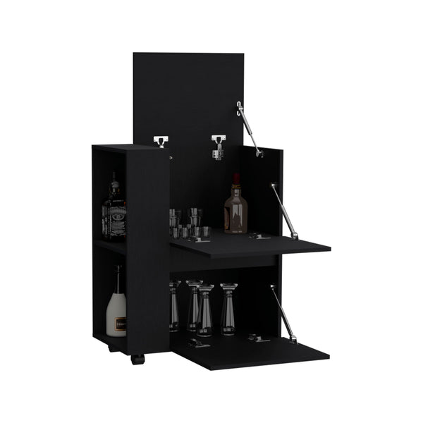 English Elm Glasgow Black Bar Cart with Two Pull-Down Cabinets, Two Open Shelves, Swivel Wheels & Brake System B200P173175