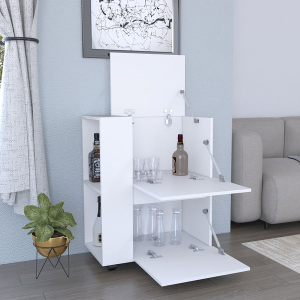 English Elm Glasgow Elegant White Bar Cart with Two Pull-Down Cabinets, Two Open Shelves, Swivel Wheels and Brake System B200P173174
