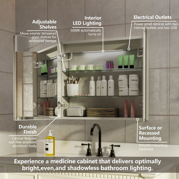 English Elm Led Lighted Medicine Cabinet with Defog Mirror Dimming Dual Outlets and Shelves W637P163684