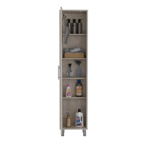 English Elm Laska Storage Cabinet with Broom Hanger and Five Shelves for Compact Organization and Tidy Spaces Grey 69.6 L x 20 W x 3.5 H B200P173187