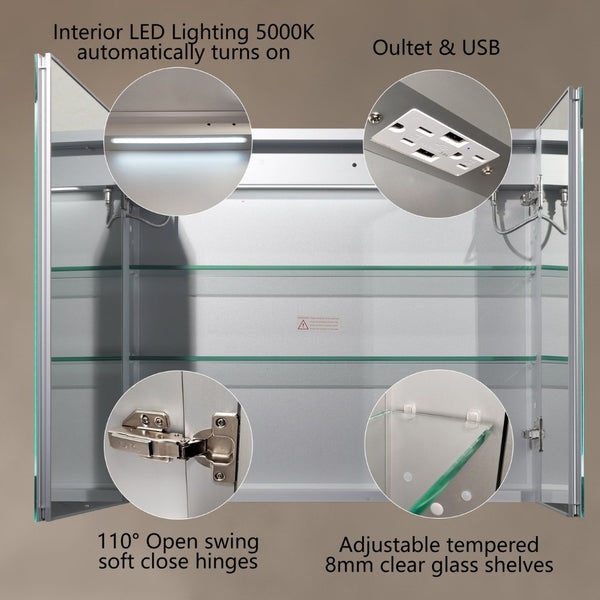 English Elm Led Lighted Medicine Cabinet with Defog Mirror Dimming Dual Outlets and Shelves W637P163684
