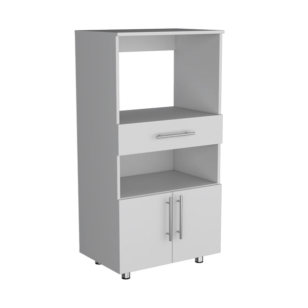 English Elm Worland White Pantry Cabinet with Microwave Stand, Drawer & Dual Doors — Compact Engineered Wood Organizer B200P173200