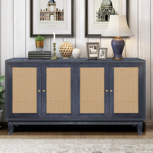 Hearth and Haven Handcrafted Premium Grain Panels, Rattan Sideboard Buffer Cabinet, Accent Storage Cabinet with 4 Rattan Doors, Modern Storage Cupboard Console Table with Adjustable Shelves For Living Room , Black W1445125265