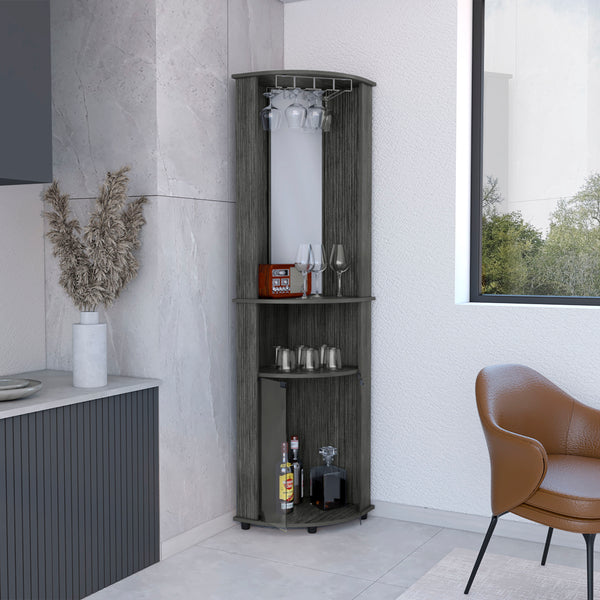 English Elm Chicago Corner Bar Cabinet with Glass Doors, Mirror Center, Wine Glass Rack & Two Open Shelves for Stylish Storage Brown 42.1 L x 24.8 W x 5.5 H B070P173192